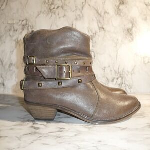 Bakers Texan Brown Leather Studded Buckle Slouchy Ankle Boots Womens 8B 590
